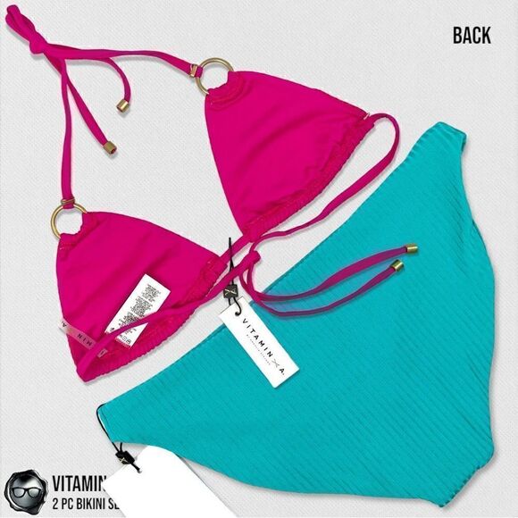 VITAMIN A SWIM BIKINI SET : MAGENTA COSMO TRIANGLE TOP + TURQUOISE MIDORI BOTTOM - Picture 3 of 16